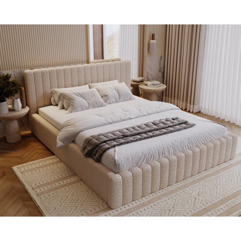 MITIS Polsterbett – Doppelbett mit Bettkasten und Lattenrost aus Boucle-Stoff