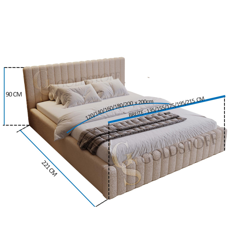 MITIS Polsterbett – Doppelbett mit Bettkasten und Lattenrost aus Boucle-Stoff