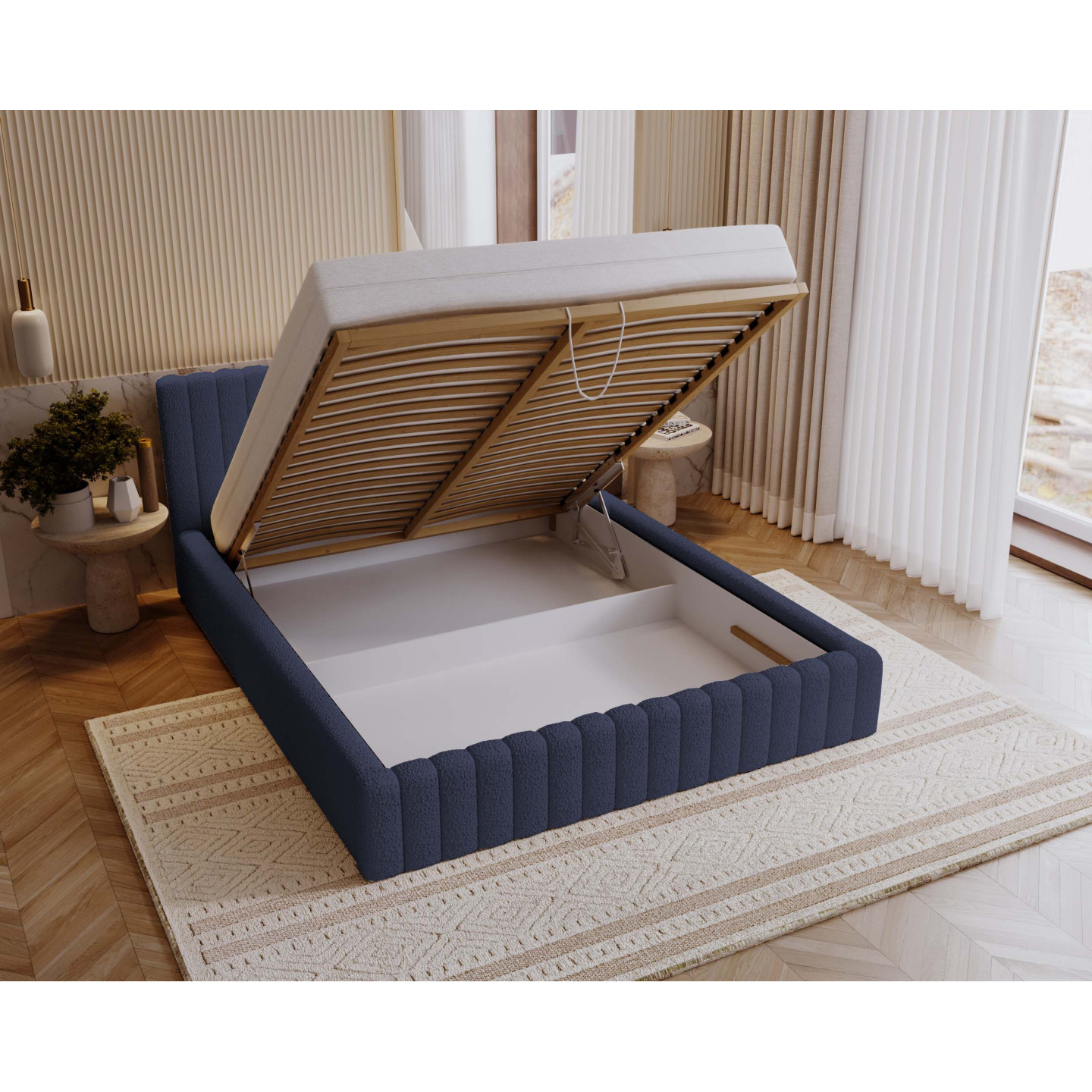 MITIS Polsterbett – Doppelbett mit Bettkasten und Lattenrost aus Boucle-Stoff