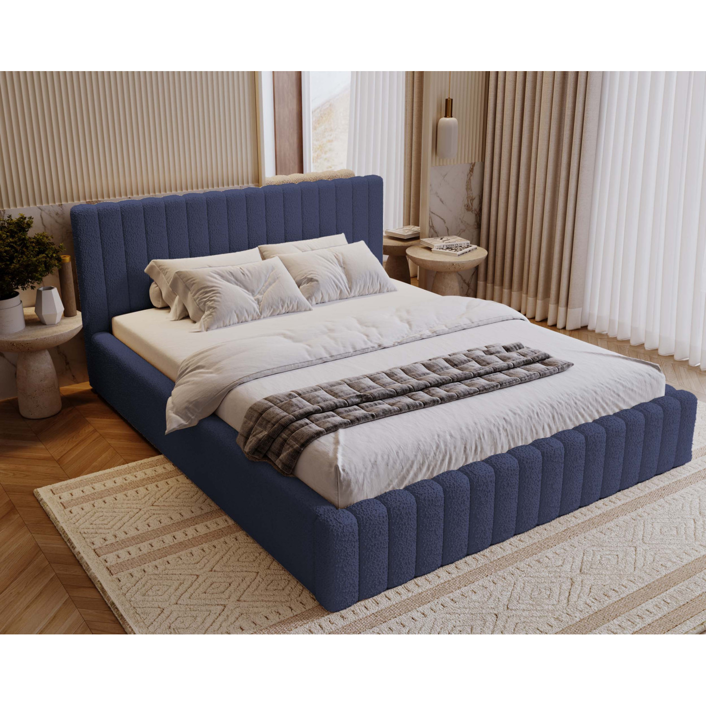 MITIS Polsterbett – Doppelbett mit Bettkasten und Lattenrost aus Boucle-Stoff