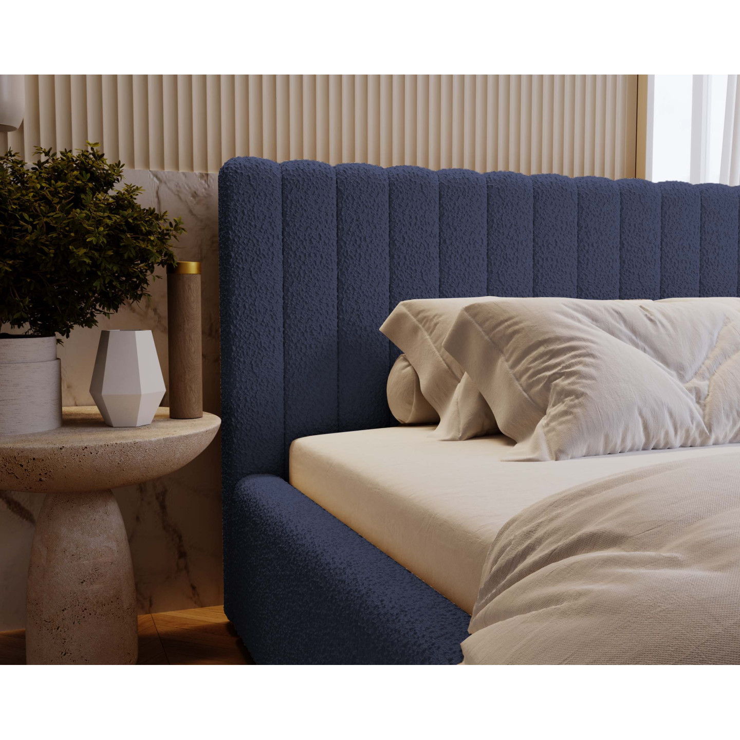 MITIS Polsterbett – Doppelbett mit Bettkasten und Lattenrost aus Boucle-Stoff