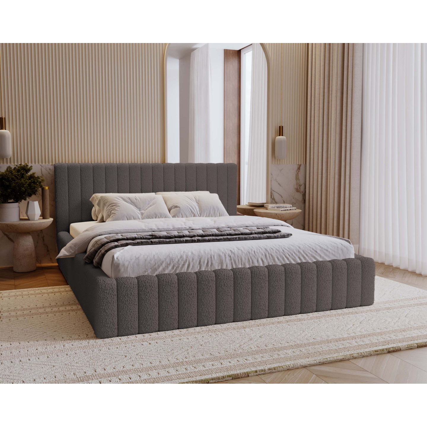 MITIS Polsterbett – Doppelbett mit Bettkasten und Lattenrost aus Boucle-Stoff