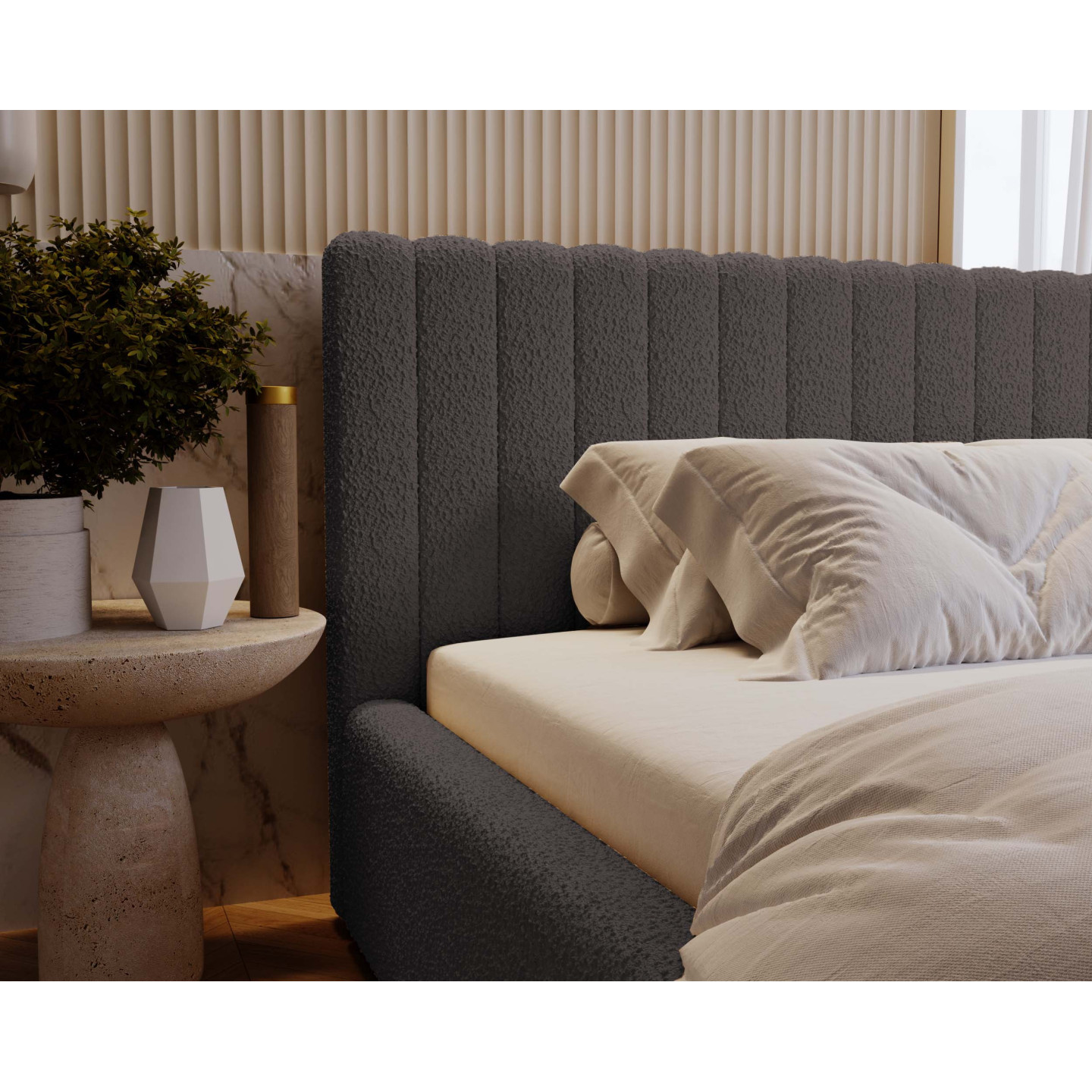 MITIS Polsterbett – Doppelbett mit Bettkasten und Lattenrost aus Boucle-Stoff