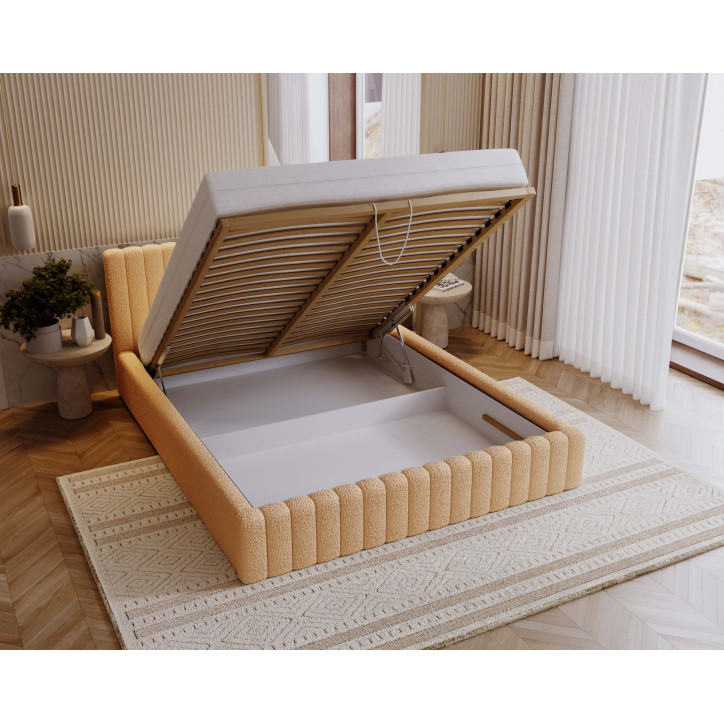 MITIS Polsterbett – Doppelbett mit Bettkasten und Lattenrost aus Boucle-Stoff