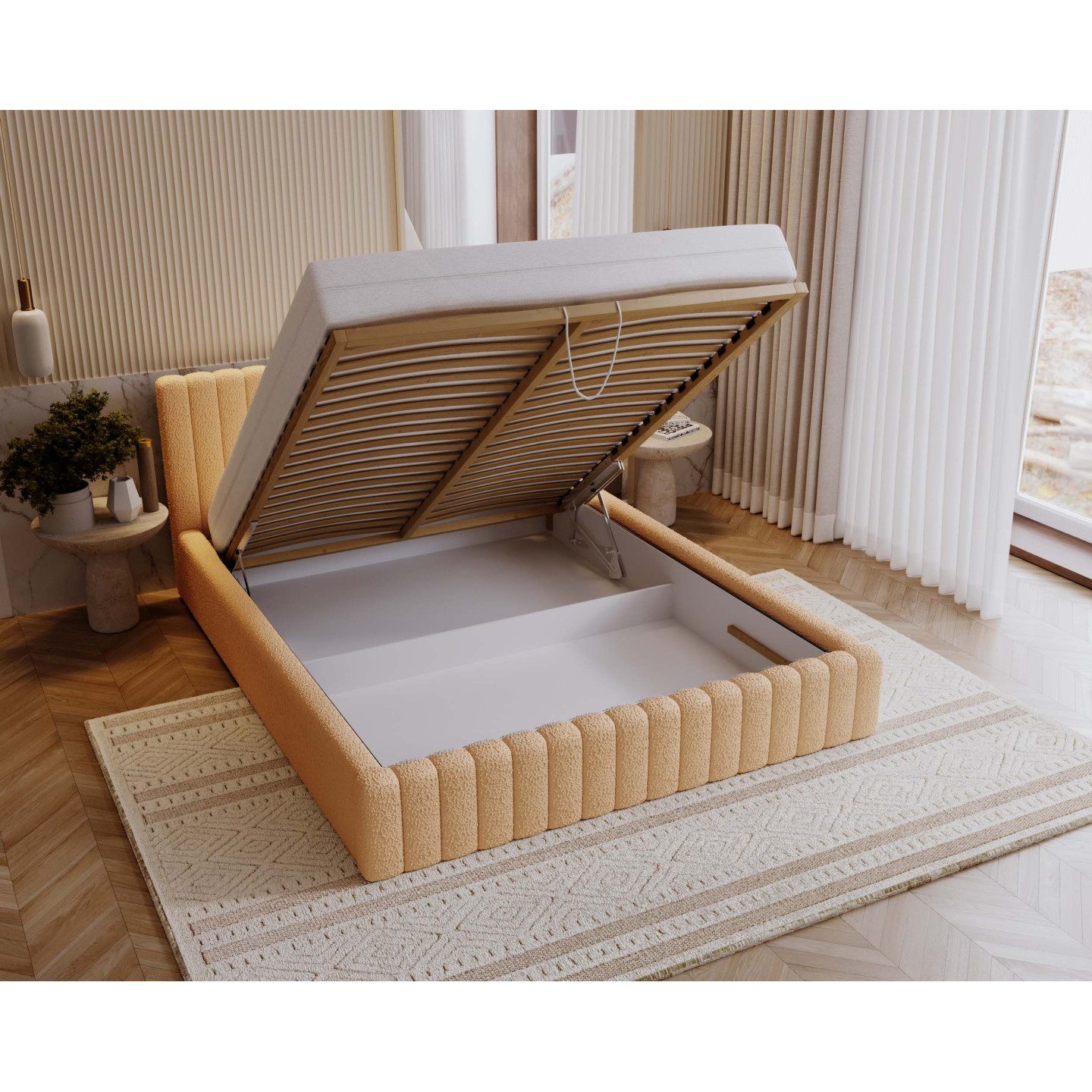 MITIS Polsterbett – Doppelbett mit Bettkasten und Lattenrost aus Boucle-Stoff