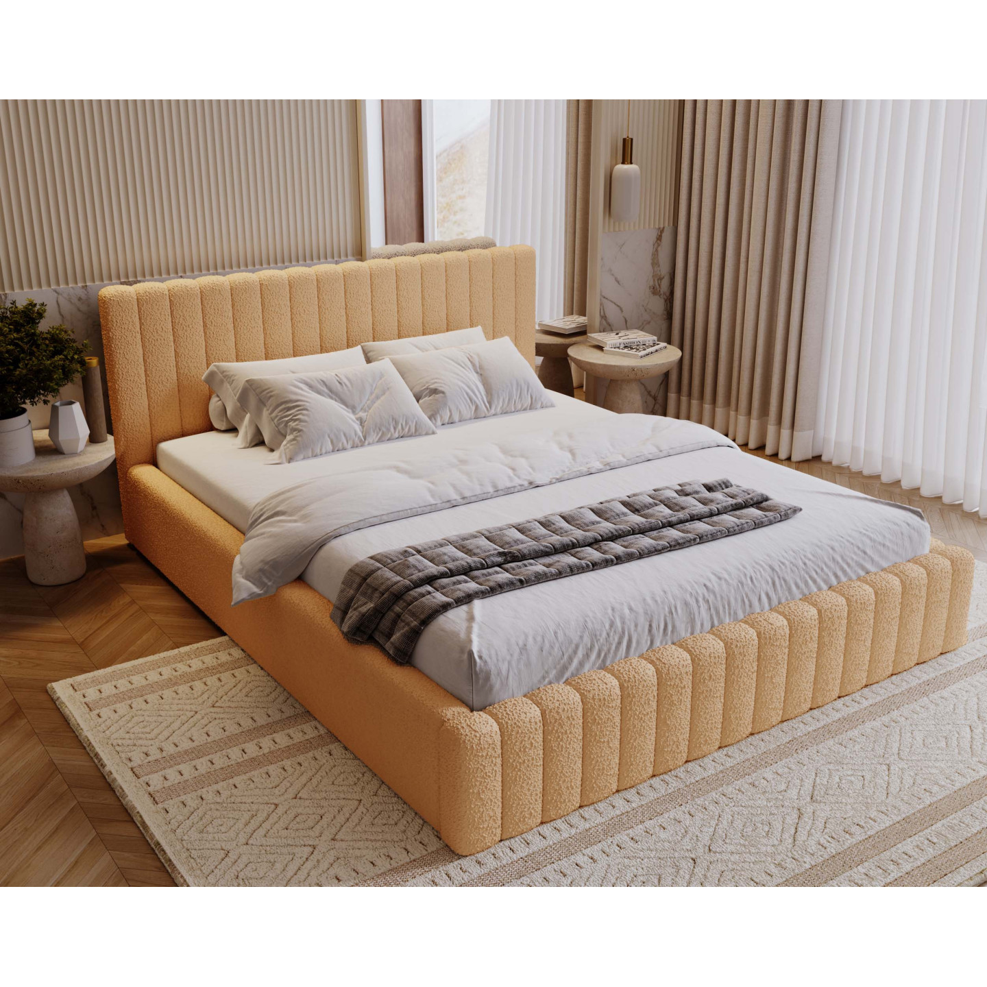 MITIS Polsterbett – Doppelbett mit Bettkasten und Lattenrost aus Boucle-Stoff