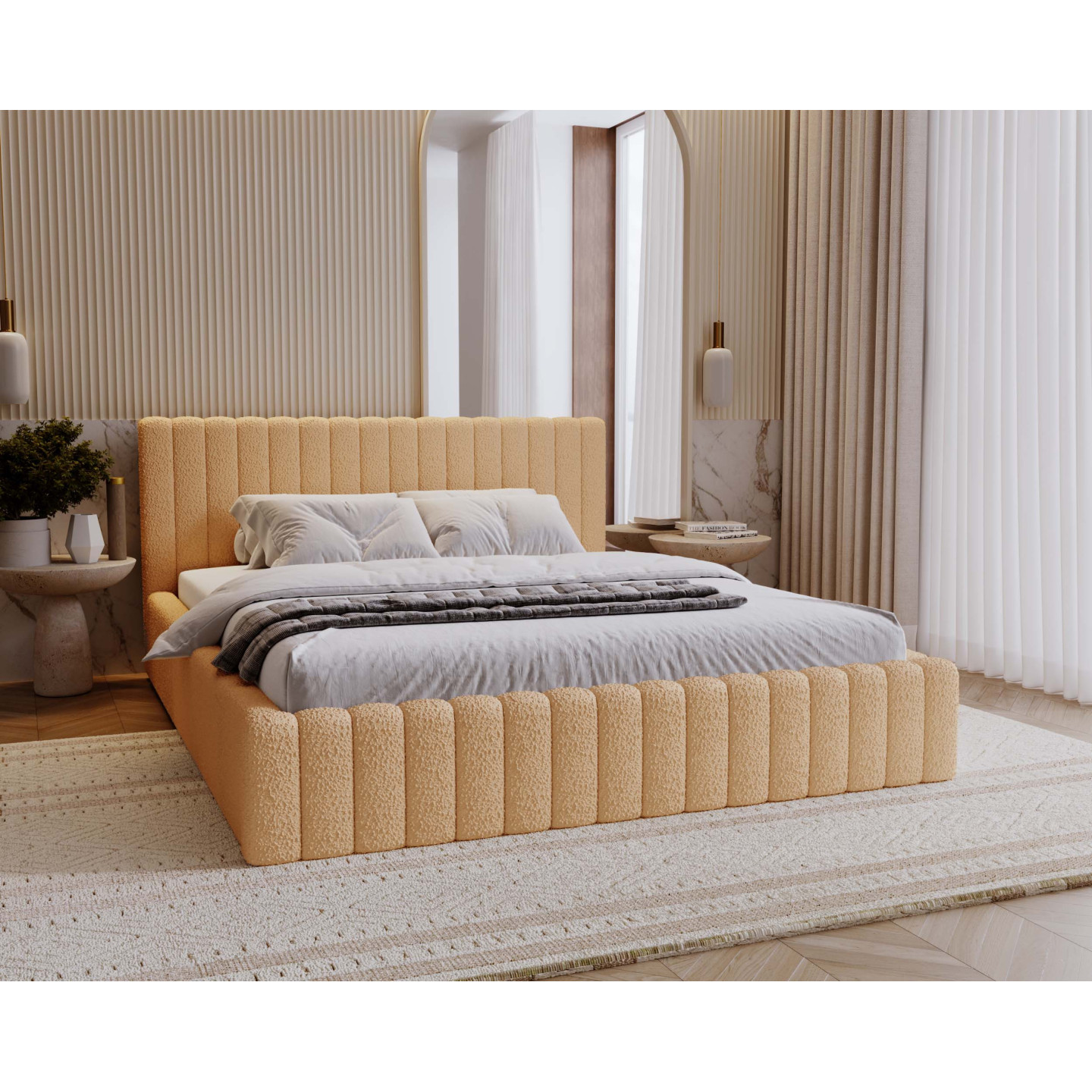 MITIS Polsterbett – Doppelbett mit Bettkasten und Lattenrost aus Boucle-Stoff