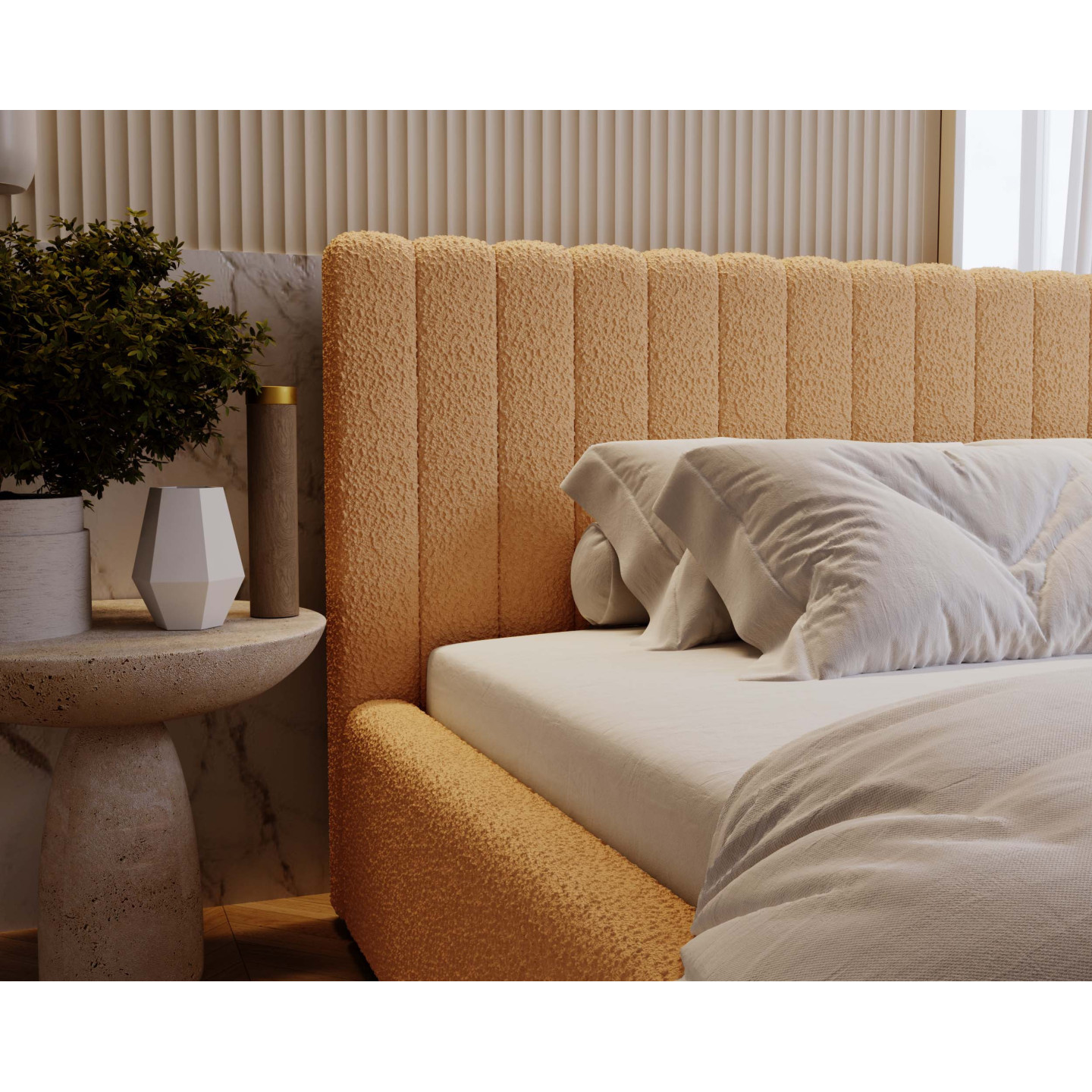 MITIS Polsterbett – Doppelbett mit Bettkasten und Lattenrost aus Boucle-Stoff