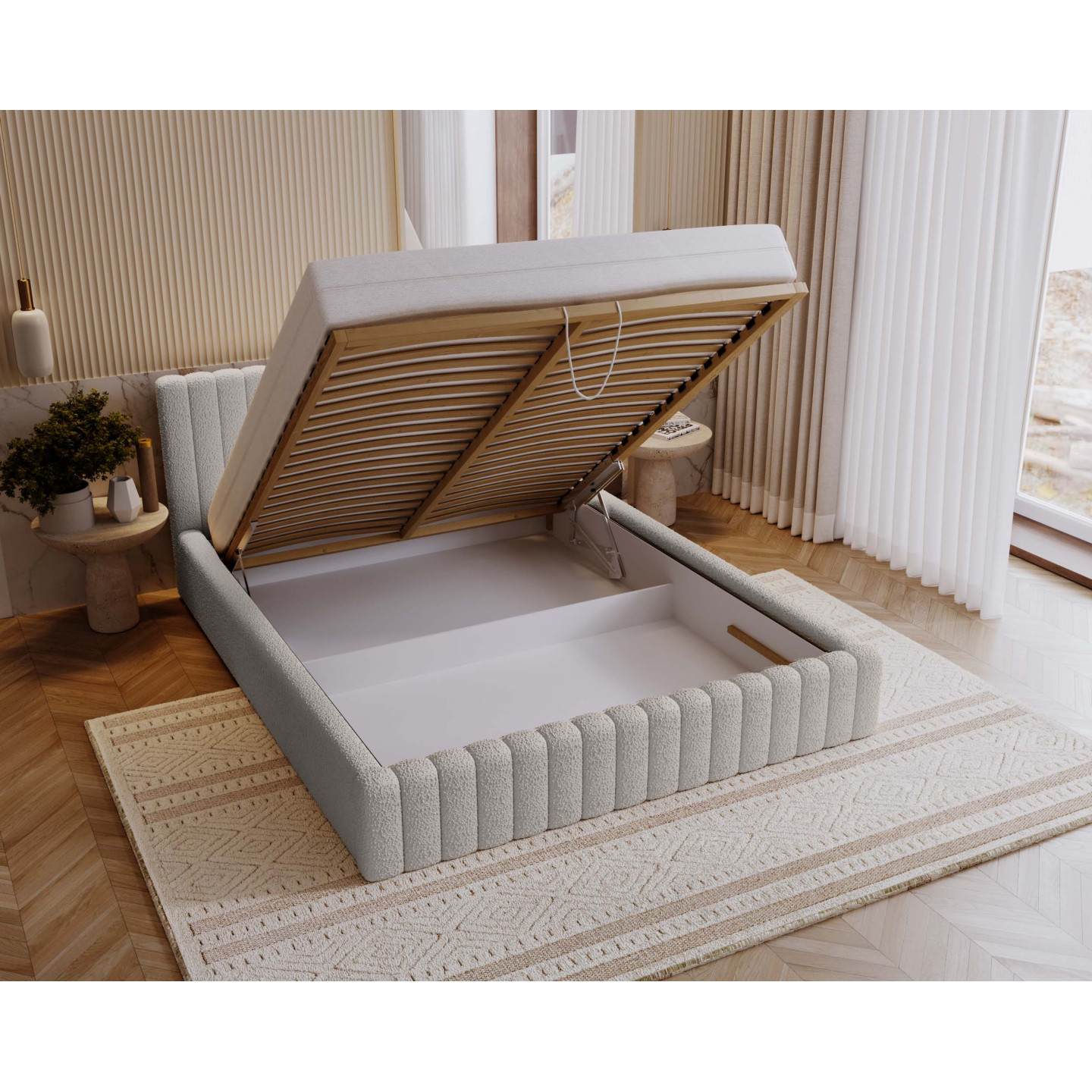 MITIS Polsterbett – Doppelbett mit Bettkasten und Lattenrost aus Boucle-Stoff