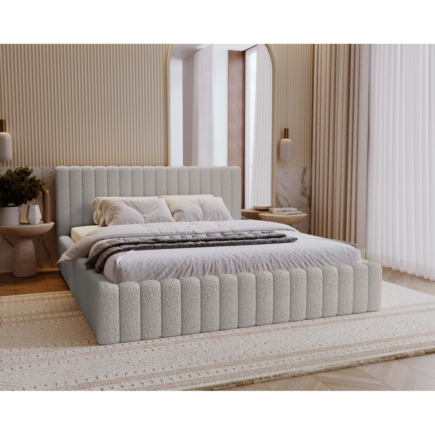 MITIS Polsterbett – Doppelbett mit Bettkasten und Lattenrost aus Boucle-Stoff