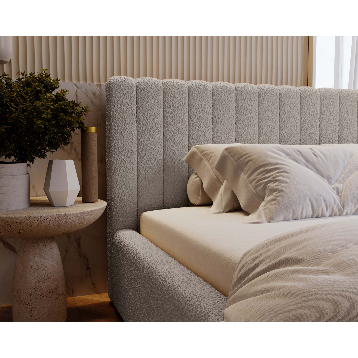 MITIS Polsterbett – Doppelbett mit Bettkasten und Lattenrost aus Boucle-Stoff