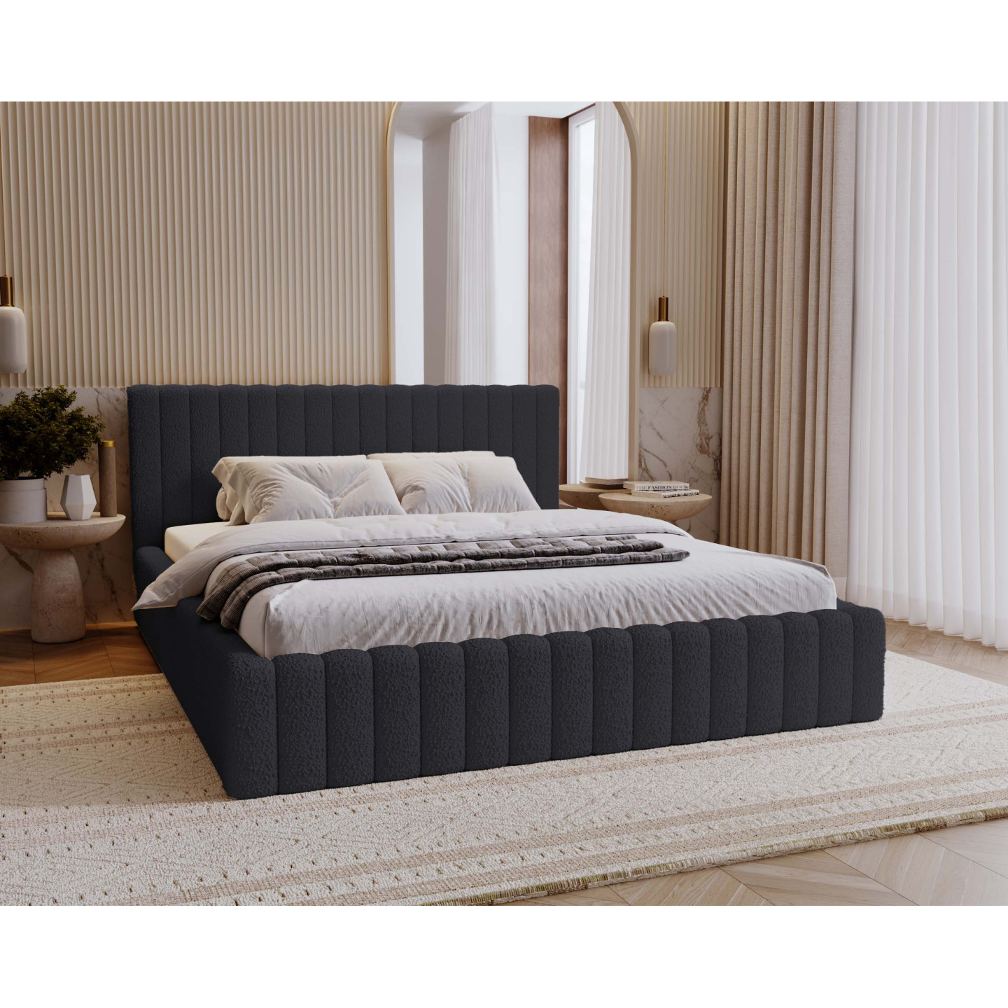 MITIS Polsterbett – Doppelbett mit Bettkasten und Lattenrost aus Boucle-Stoff