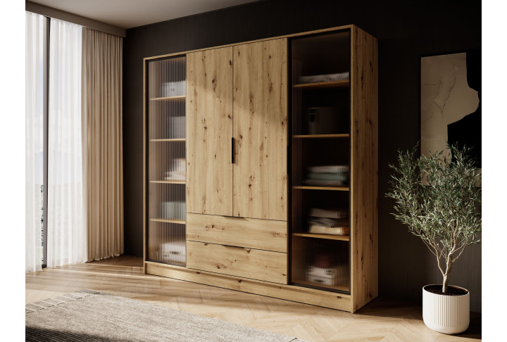 Kleiderschrank NADI – Moderner Stauraumschrank mit Glastüren und Regalsystem
