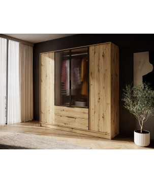 Kleiderschrank NADI – Moderner Schrank mit Glastüren, Regalen und Schubladen