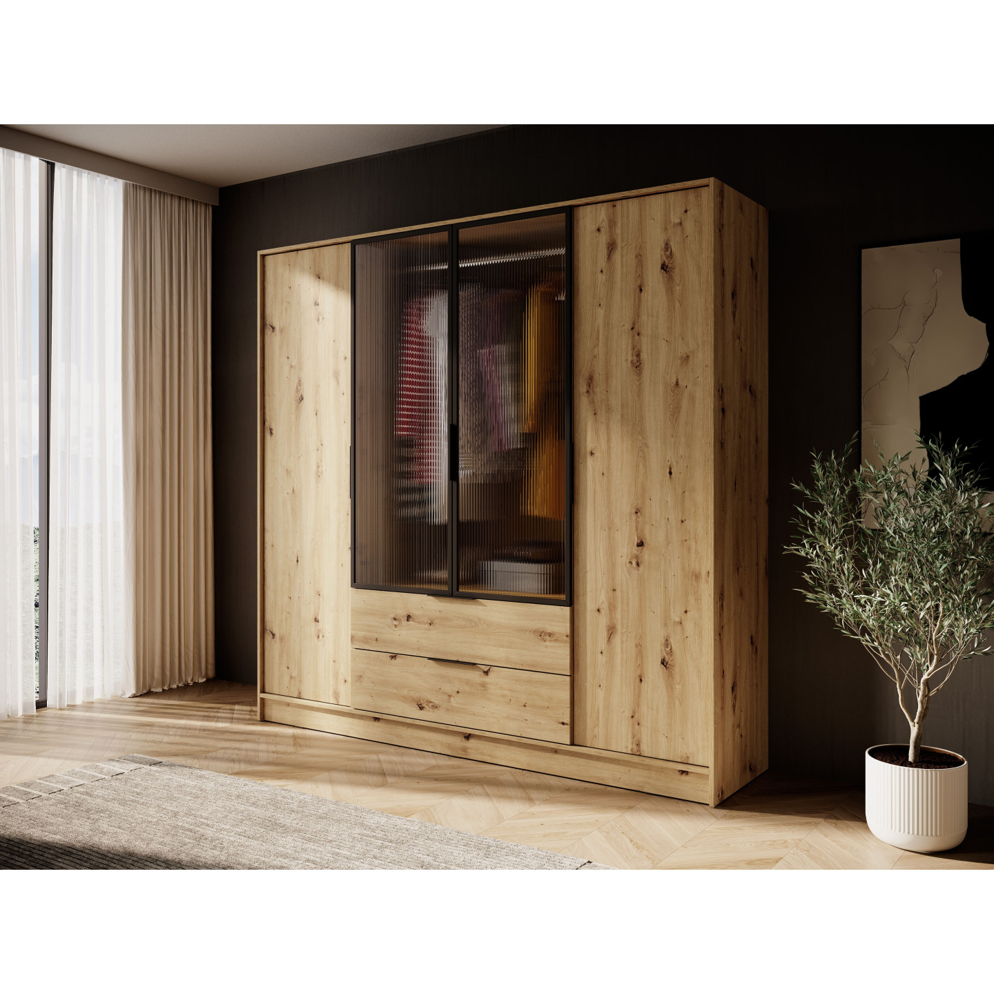 Kleiderschrank NADI – Moderner Stauraumschrank mit Glastüren und Regalsystem