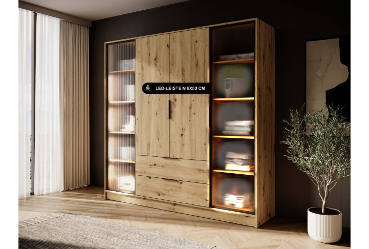 Kleiderschrank NADI – Moderner Stauraumschrank mit Glastüren und Regalsystem