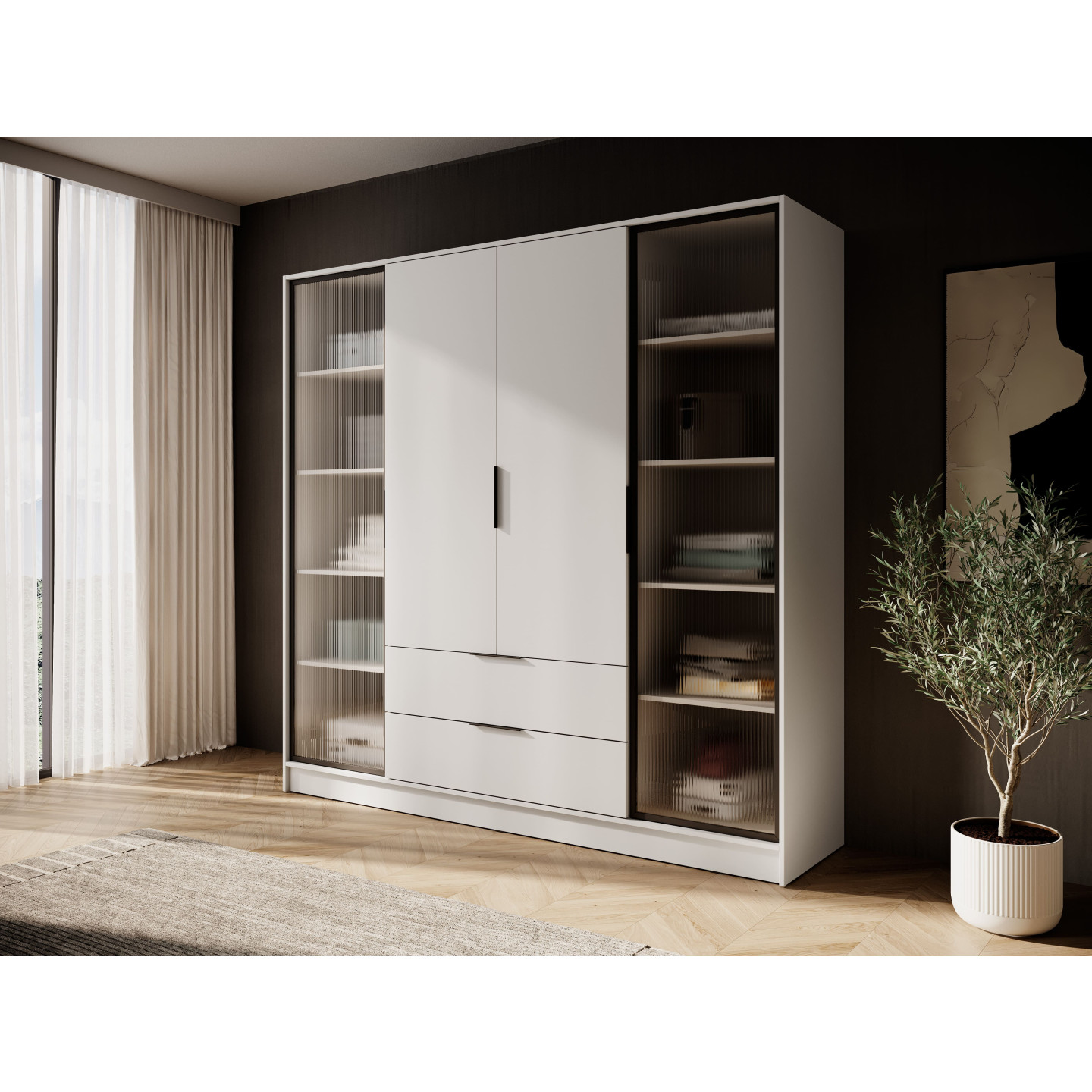 Kleiderschrank NADI – Moderner Stauraumschrank mit Glastüren und Regalsystem