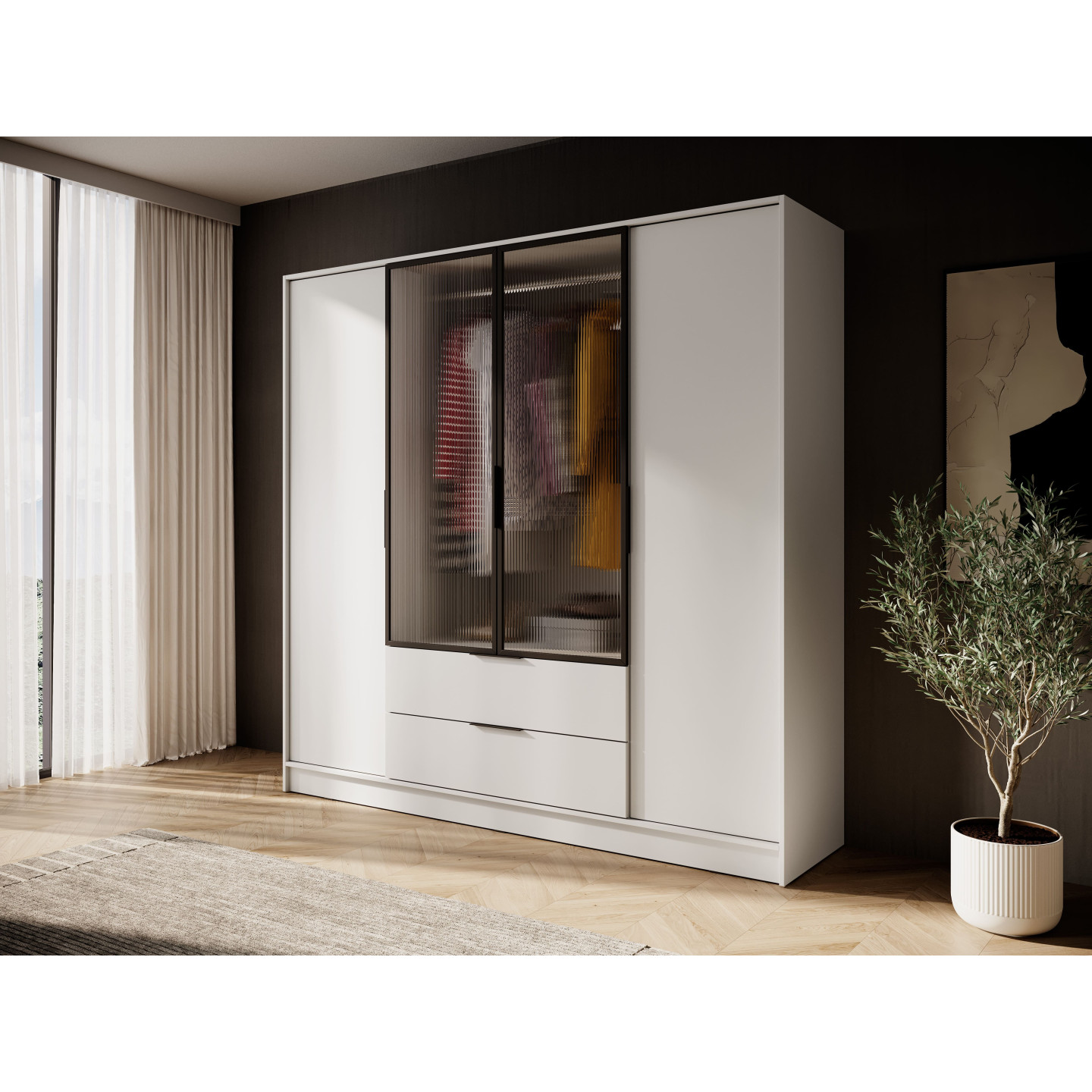 Kleiderschrank NADI – Moderner Stauraumschrank mit Glastüren und Regalsystem