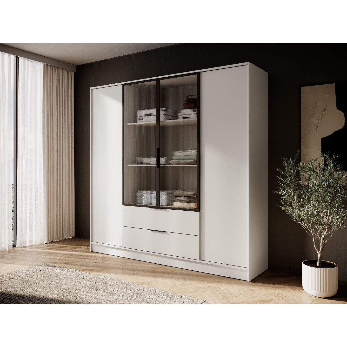 Kleiderschrank NADI – Moderner Stauraumschrank mit Glastüren und Regalsystem