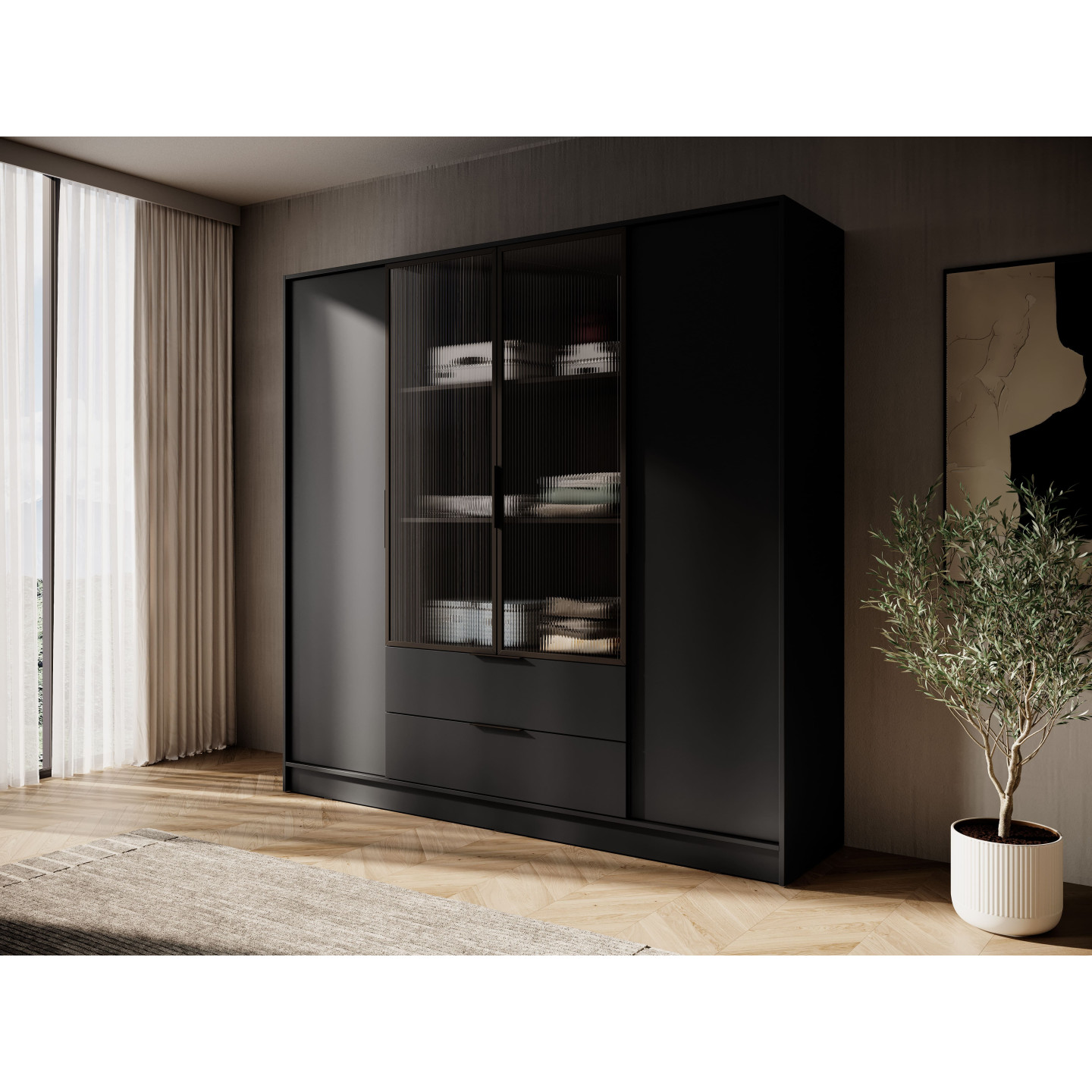 Kleiderschrank NADI – Moderner Stauraumschrank mit Glastüren und Regalsystem