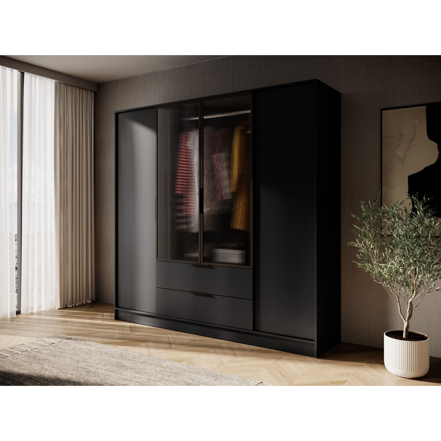 Kleiderschrank NADI – Moderner Stauraumschrank mit Glastüren und Regalsystem