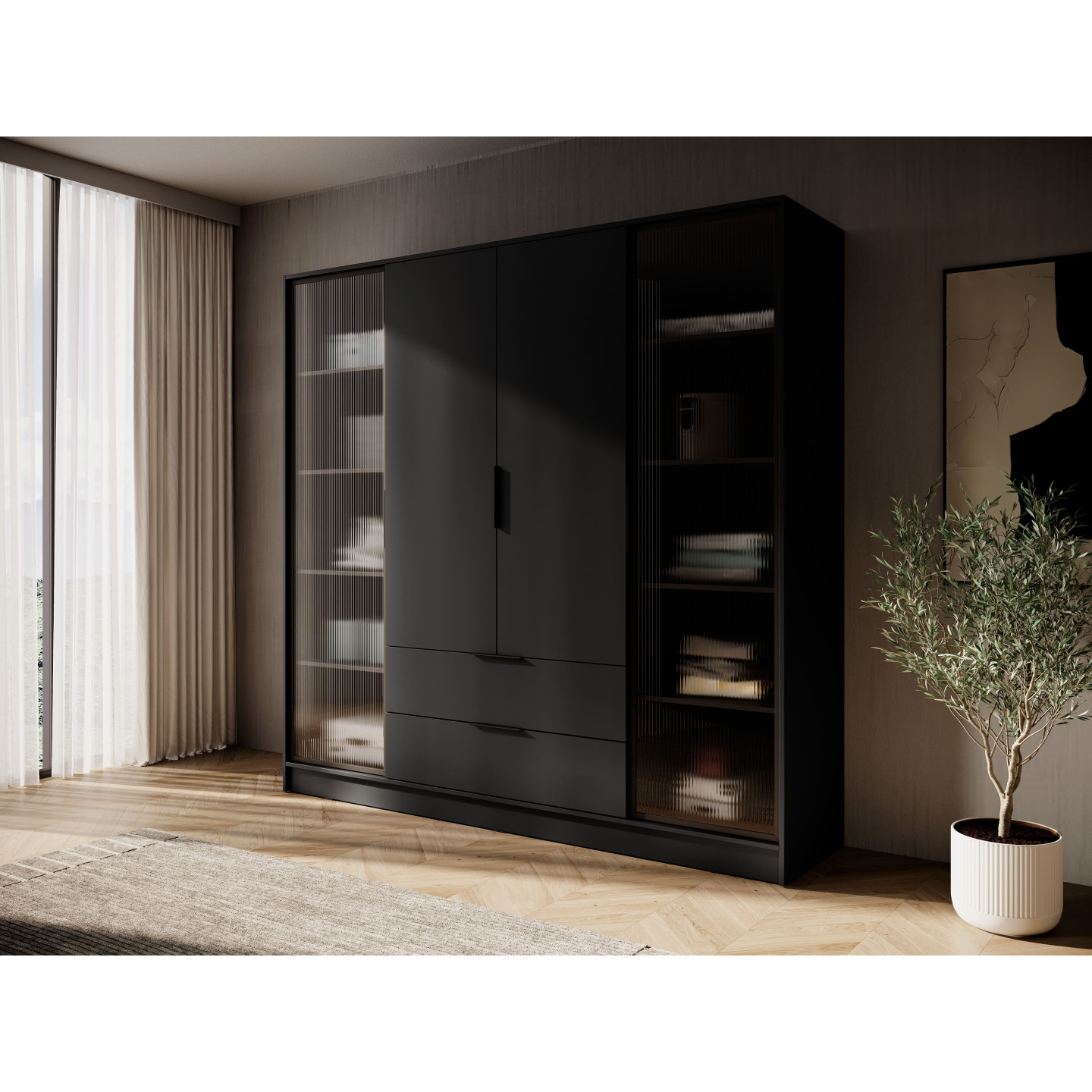 Kleiderschrank NADI – Moderner Stauraumschrank mit Glastüren und Regalsystem