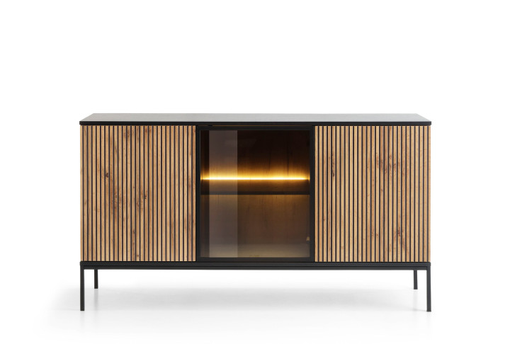 Callagher 153 cm Kommode mit LED-Beleuchtung – Schwarz und Eiche Wotan