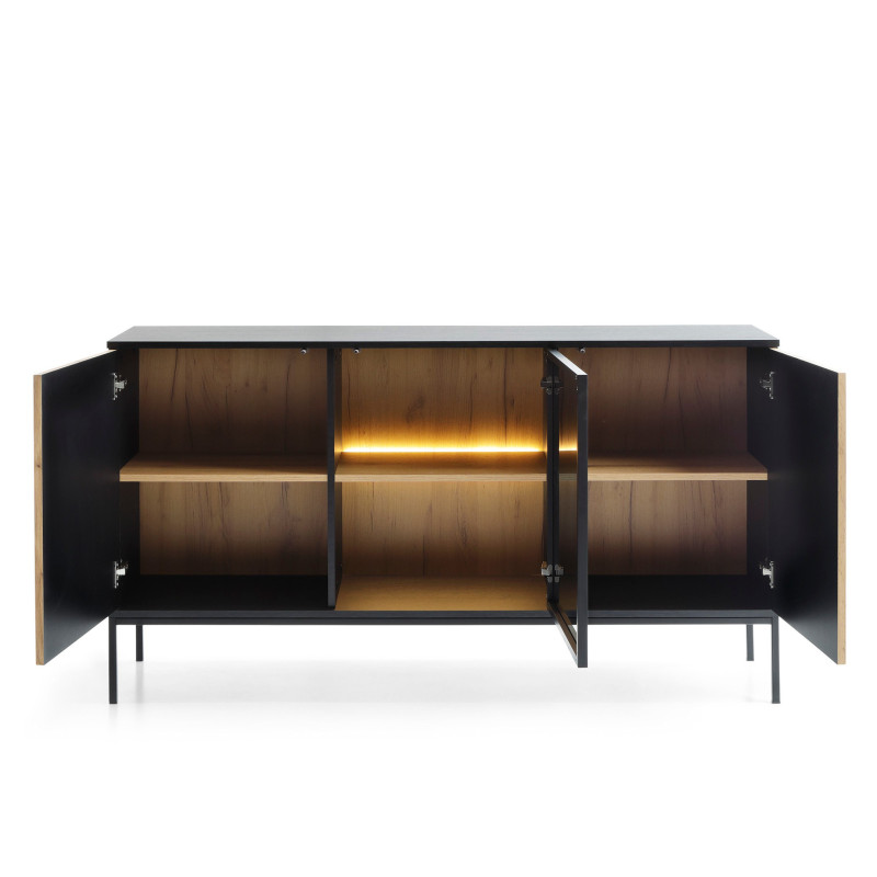 Callagher 153 cm Kommode mit LED-Beleuchtung – Schwarz und Eiche Wotan