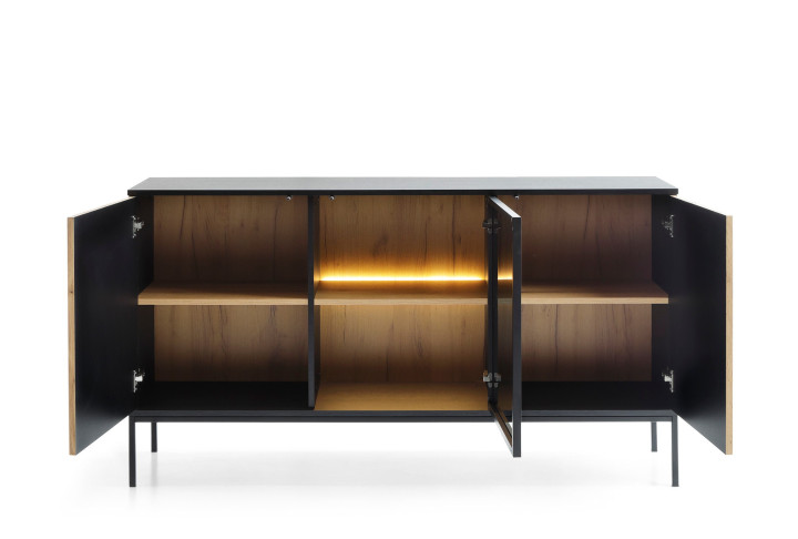 Callagher 153 cm Kommode mit LED-Beleuchtung – Schwarz und Eiche Wotan