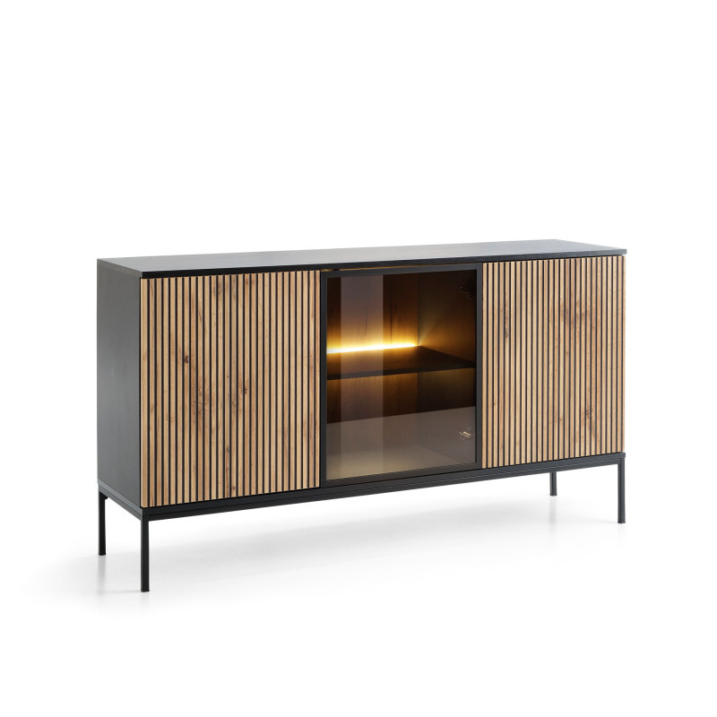 Callagher 153 cm Kommode mit LED-Beleuchtung – Schwarz und Eiche Wotan