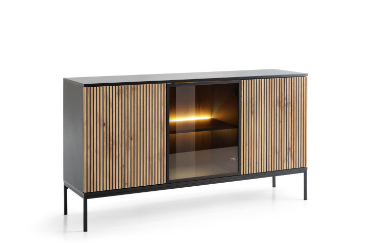 Callagher 153 cm Kommode mit LED-Beleuchtung – Schwarz und Eiche Wotan