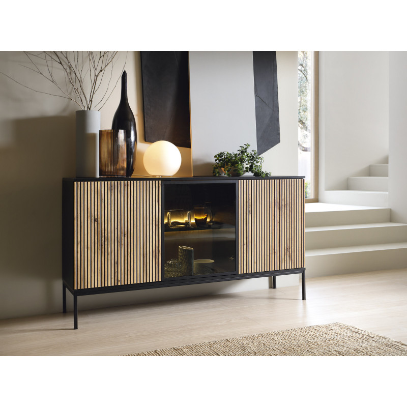 Callagher 153 cm Kommode mit LED-Beleuchtung – Schwarz und Eiche Wotan