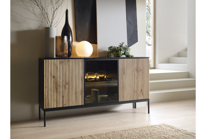 Callagher 153 cm Kommode mit LED-Beleuchtung – Schwarz und Eiche Wotan
