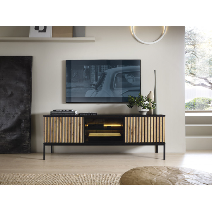 Callagher Lowboard – Moderner TV-Unterschrank mit LED-Beleuchtung, Schwarz & Eiche Wotan