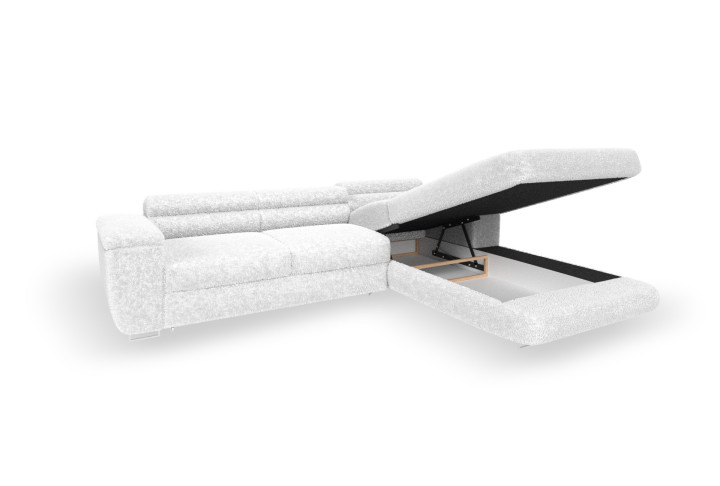 Ecksofa BONJOUR – Bouclé, Schlaffunktion, Bettkasten & Kopfstützen