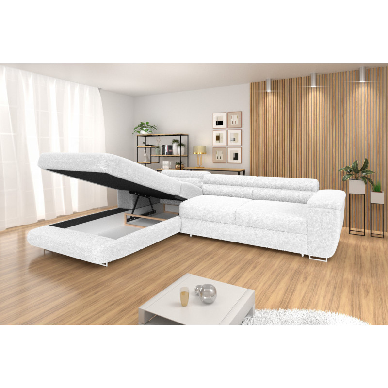 Ecksofa BONJOUR – Bouclé, Schlaffunktion, Bettkasten & Kopfstützen