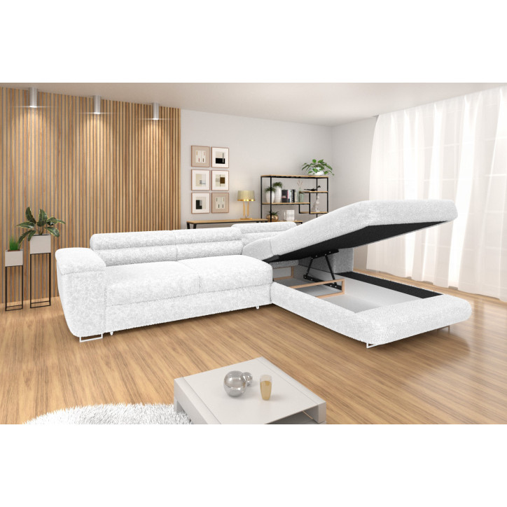 Ecksofa BONJOUR – Bouclé, Schlaffunktion, Bettkasten & Kopfstützen