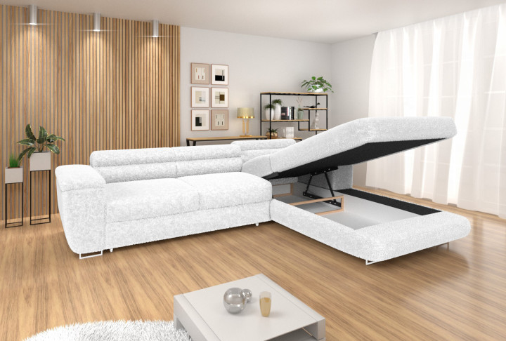 Ecksofa BONJOUR – Bouclé, Schlaffunktion, Bettkasten & Kopfstützen