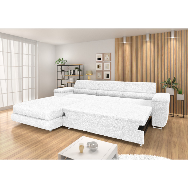 Ecksofa BONJOUR – Bouclé, Schlaffunktion, Bettkasten & Kopfstützen