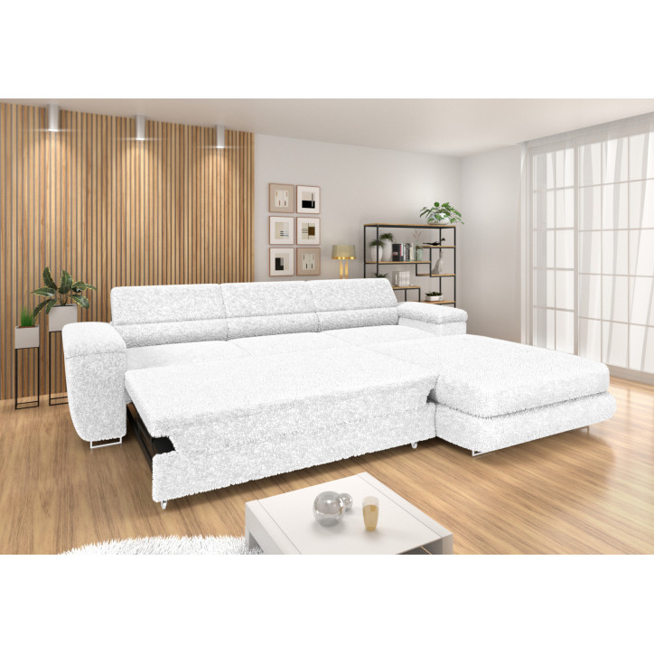 Ecksofa BONJOUR – Bouclé, Schlaffunktion, Bettkasten & Kopfstützen