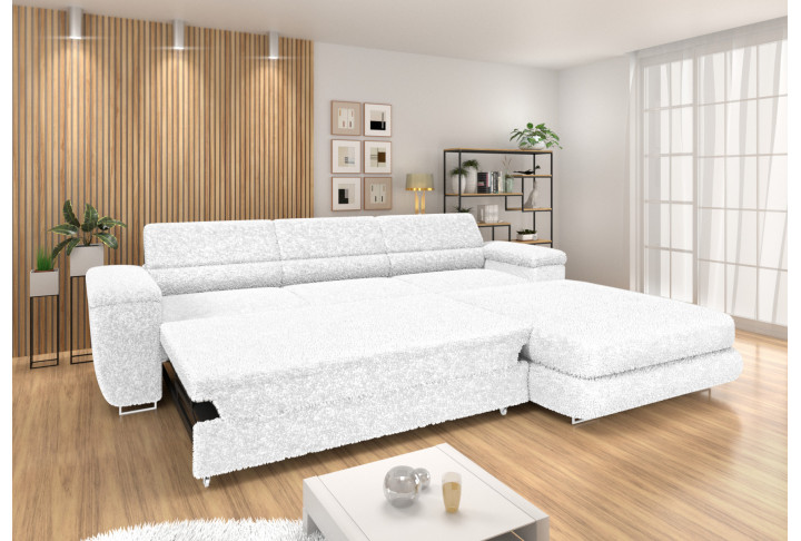 Ecksofa BONJOUR – Bouclé, Schlaffunktion, Bettkasten & Kopfstützen