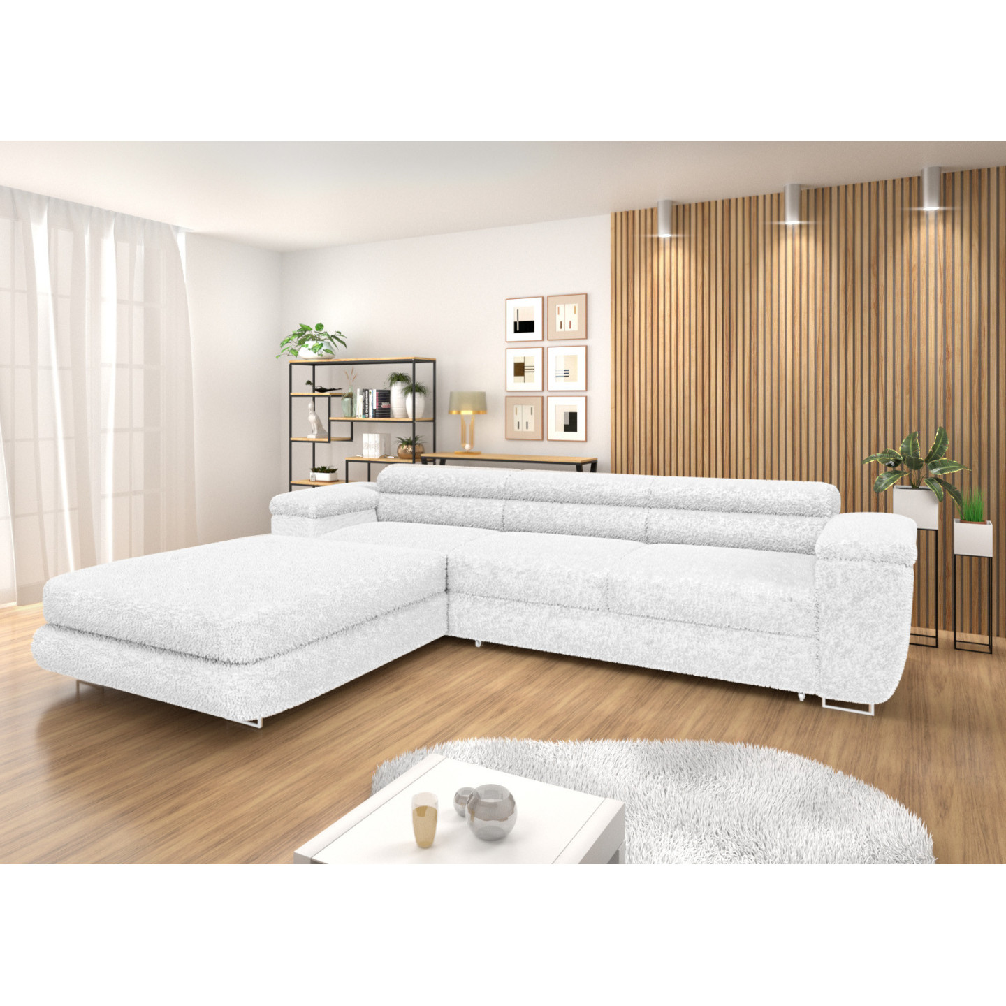 Ecksofa BONJOUR – Bouclé, Schlaffunktion, Bettkasten & Kopfstützen