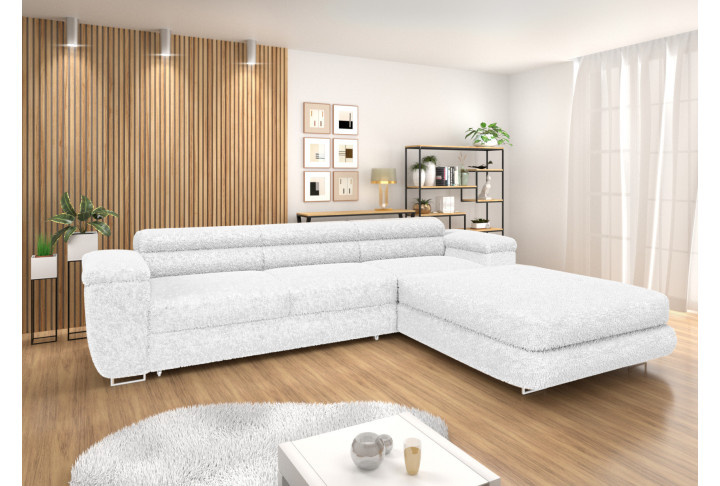 Ecksofa BONJOUR – Bouclé, Schlaffunktion, Bettkasten & Kopfstützen