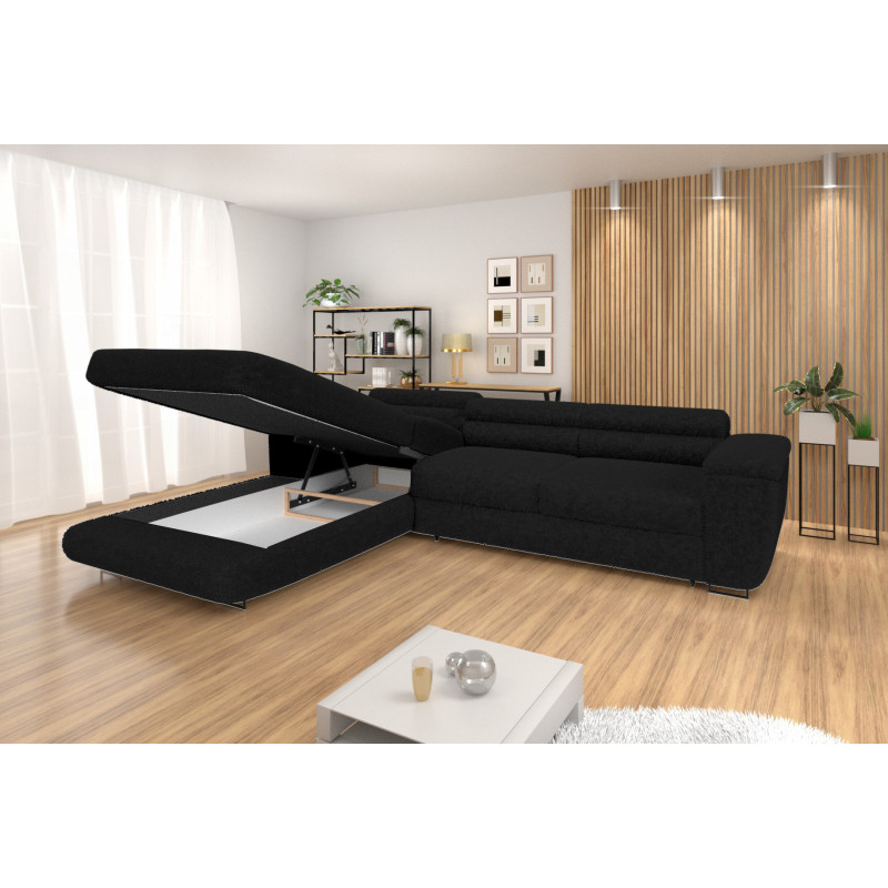 Ecksofa BONJOUR – Bouclé, Schlaffunktion, Bettkasten & Kopfstützen