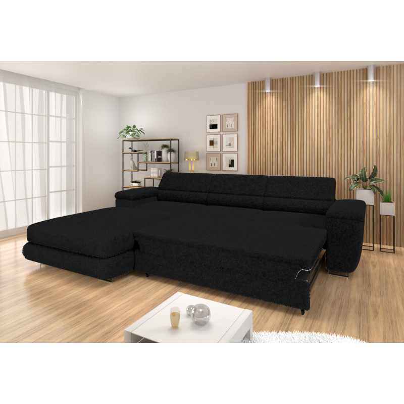 Ecksofa BONJOUR – Bouclé, Schlaffunktion, Bettkasten & Kopfstützen