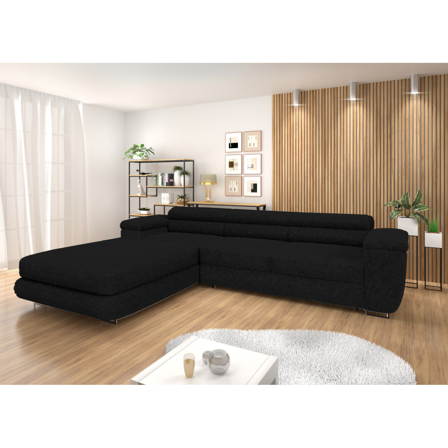 Ecksofa BONJOUR – Bouclé, Schlaffunktion, Bettkasten & Kopfstützen