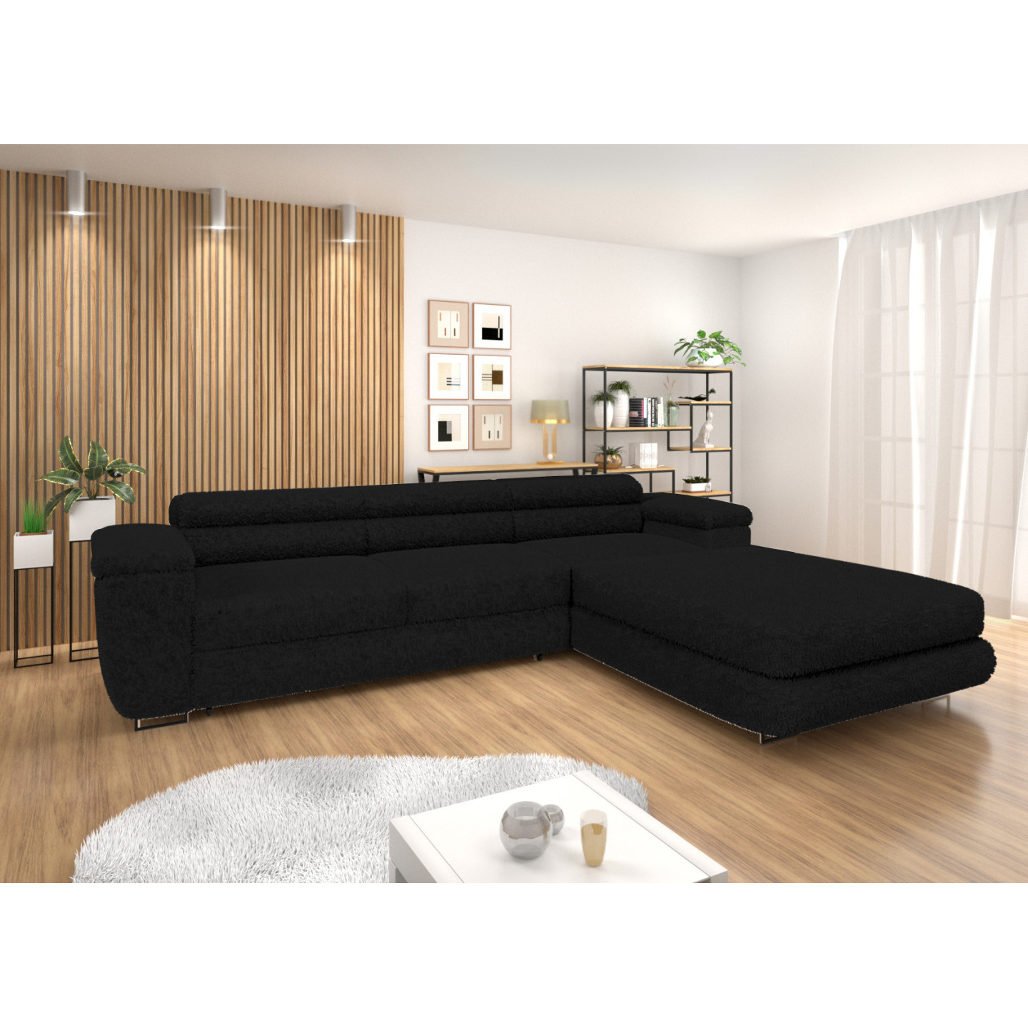 Ecksofa BONJOUR – Bouclé, Schlaffunktion, Bettkasten & Kopfstützen