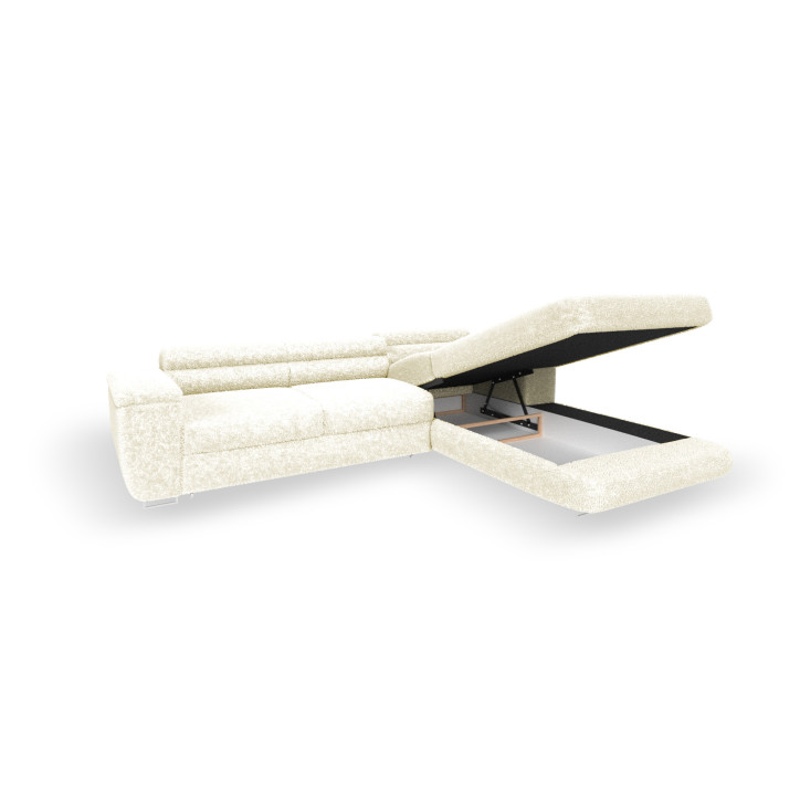Ecksofa BONJOUR – Bouclé, Schlaffunktion, Bettkasten & Kopfstützen