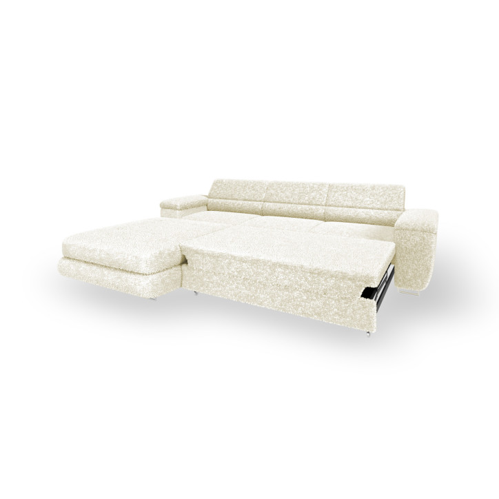 Ecksofa BONJOUR – Bouclé, Schlaffunktion, Bettkasten & Kopfstützen