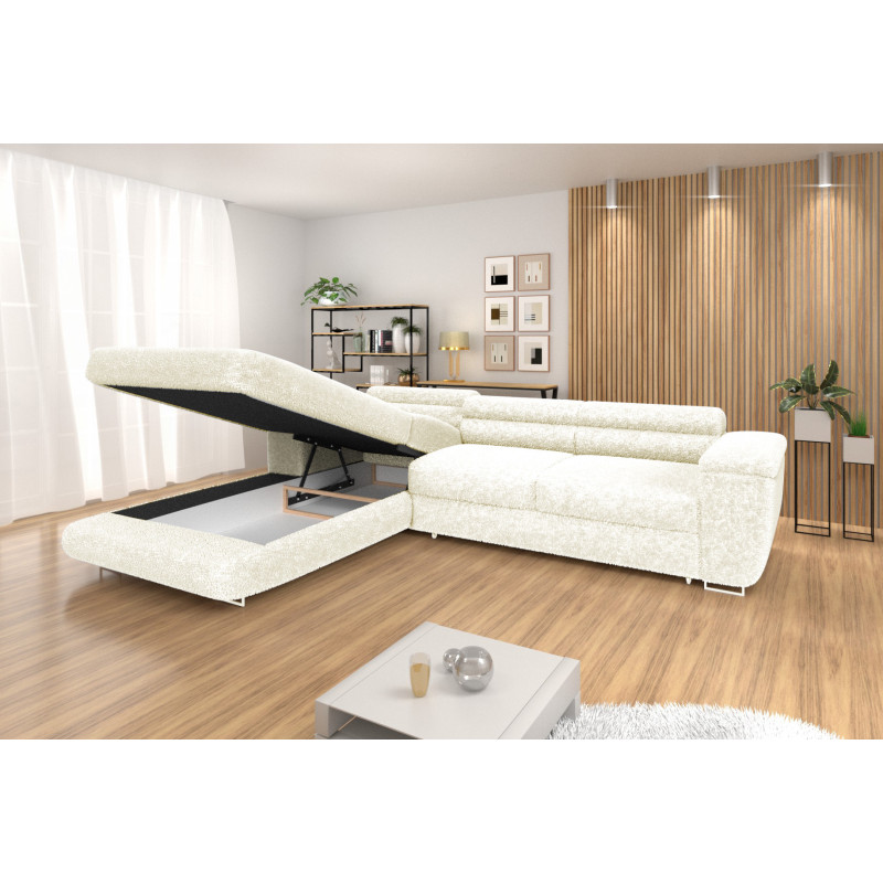 Ecksofa BONJOUR – Bouclé, Schlaffunktion, Bettkasten & Kopfstützen